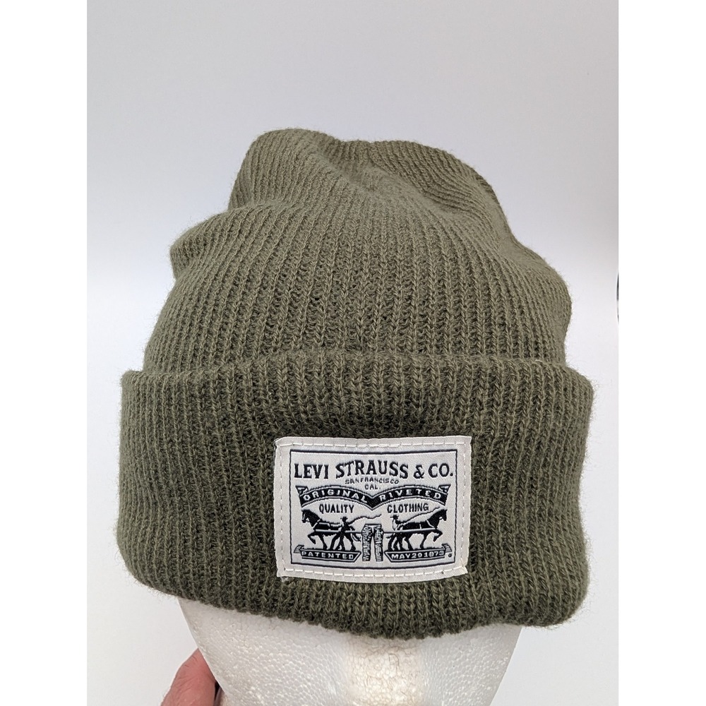 Levis Mens Knit Beanie Hat Olive Green Ribbed Logo Patch Cuff One Size